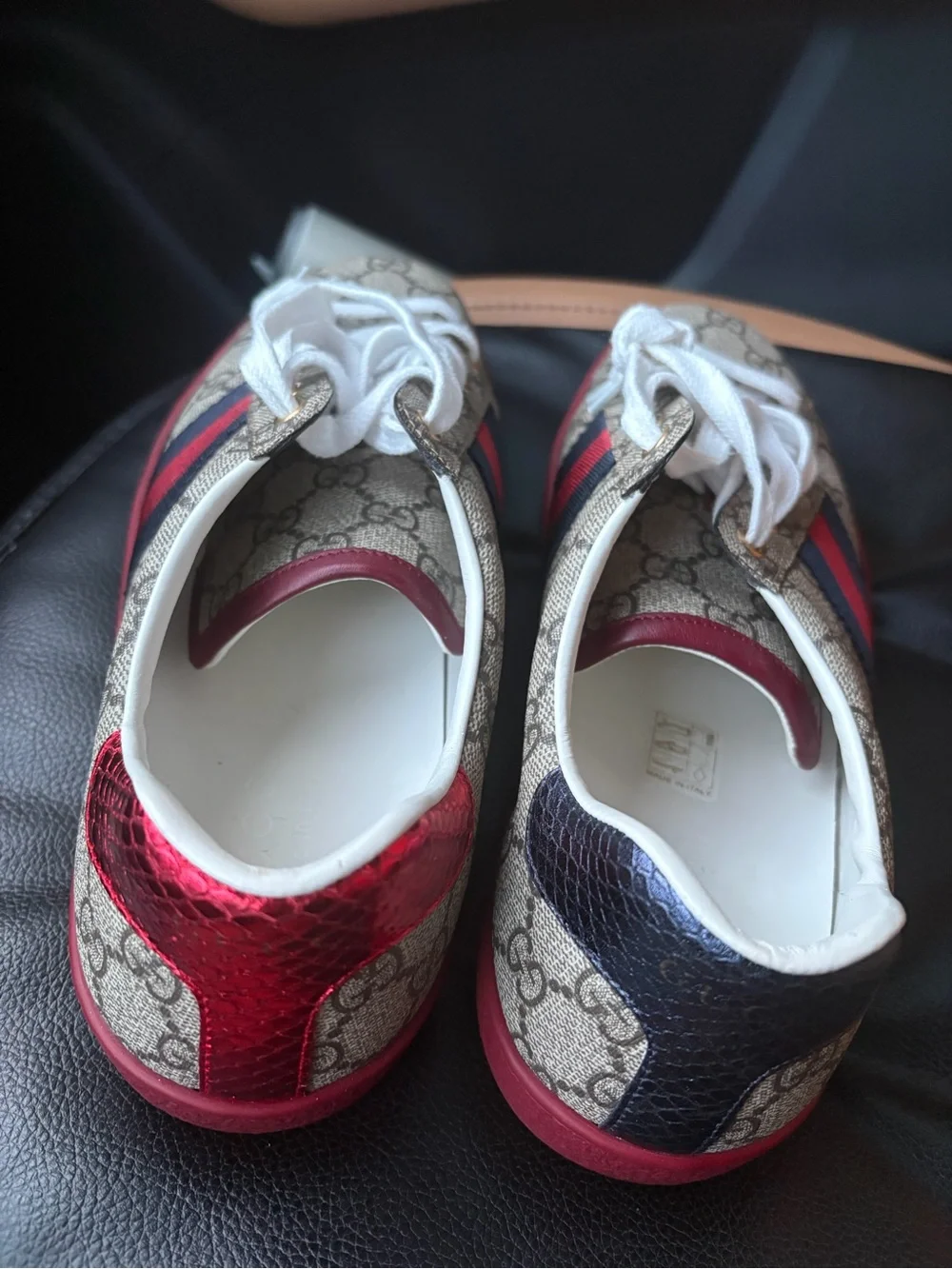 Gucci Beige GG Canvas Sneakers with Red & Navy Stripe